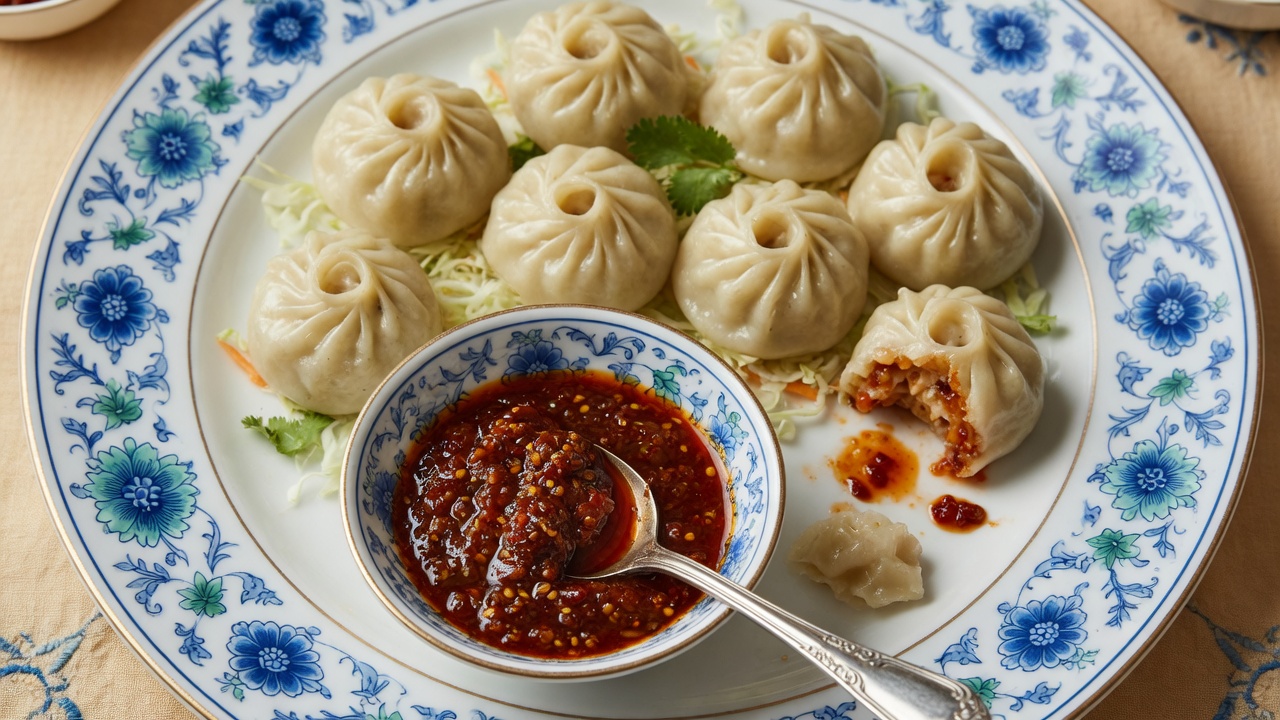 Steamed Veg Momos with Spicy Sauce (4 Pcs /Order) Order time 5 pm to 8 pm